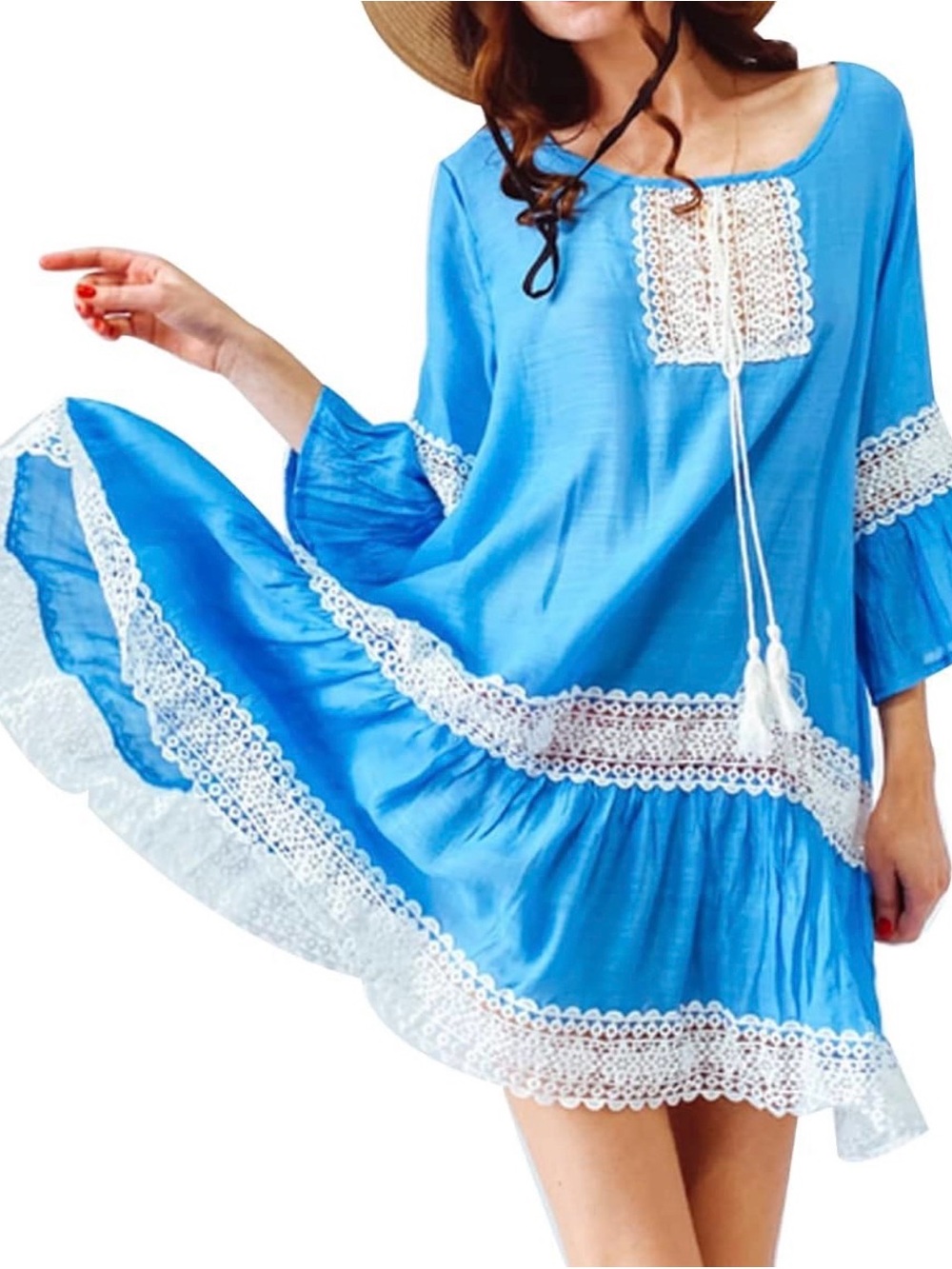 Blue Boho Lace Trim Tunic Dress swim cover up one size